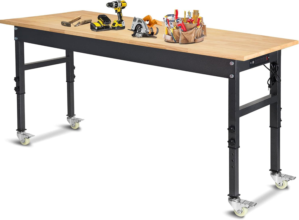 60" Adjustable Work Bench with Rubber Wood Top and Power Outlet X65342