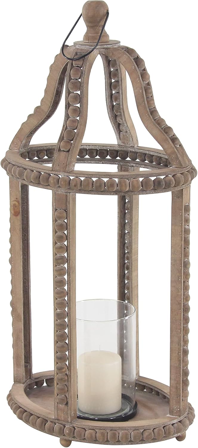 Rustic Wood and Glass Candle Lantern, 10W x 29H, Brown Z753