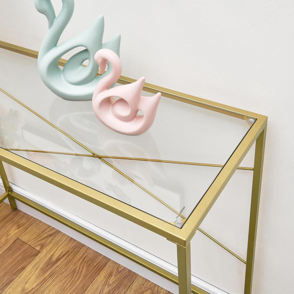 Gold 39.37" Tempered Glass Top Narrow Console Table with Metal Frame K6575