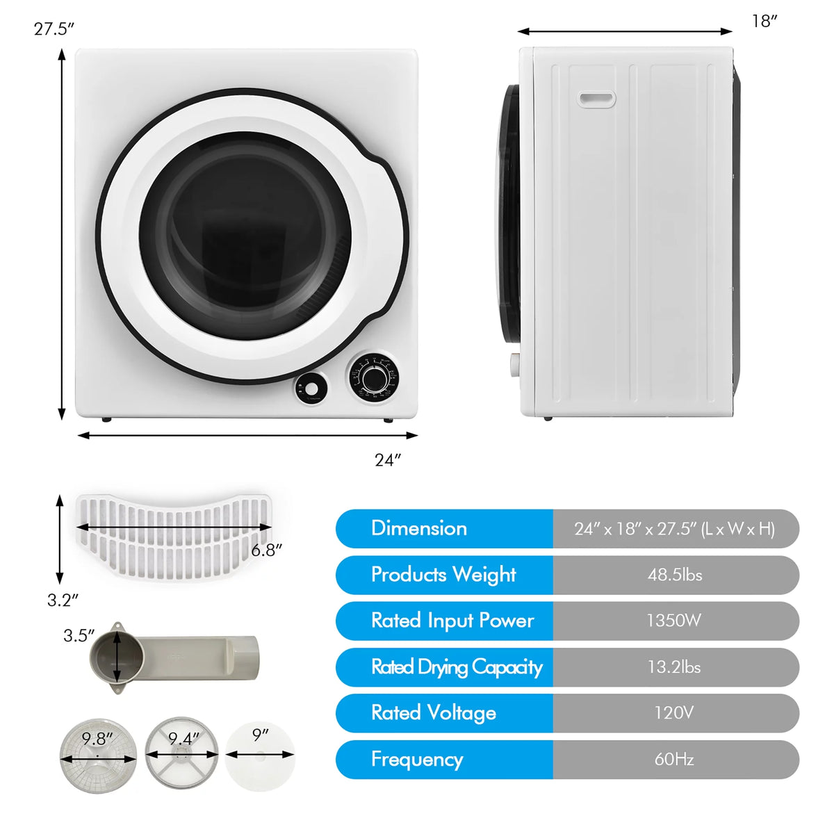 1350W Electric Compact Laundry Dryer 13.2 LBS H5619