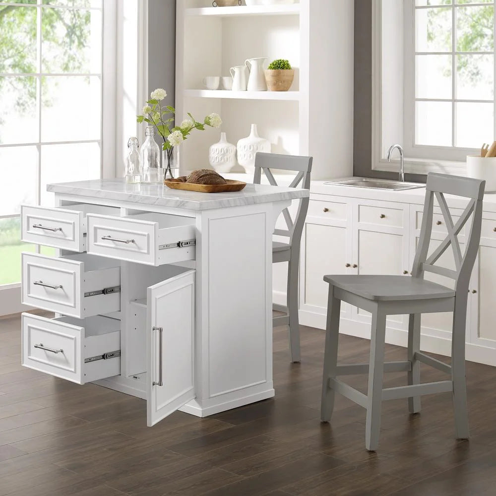 White 3-Piece Wood Kitchen Island with X-Back Stools I61221