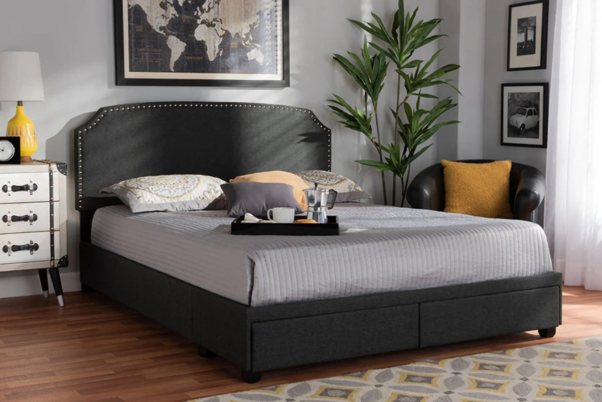 Dark Grey Fabric Upholstered 2-Drawer Queen Size Platform Storage Bed Y341824