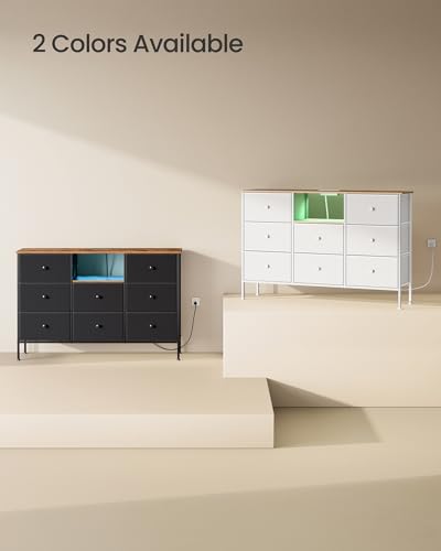 Fabric Dresser with Power Outlets and LED Lights, 8 Drawers, Ink Black and Rustic Brown E9399