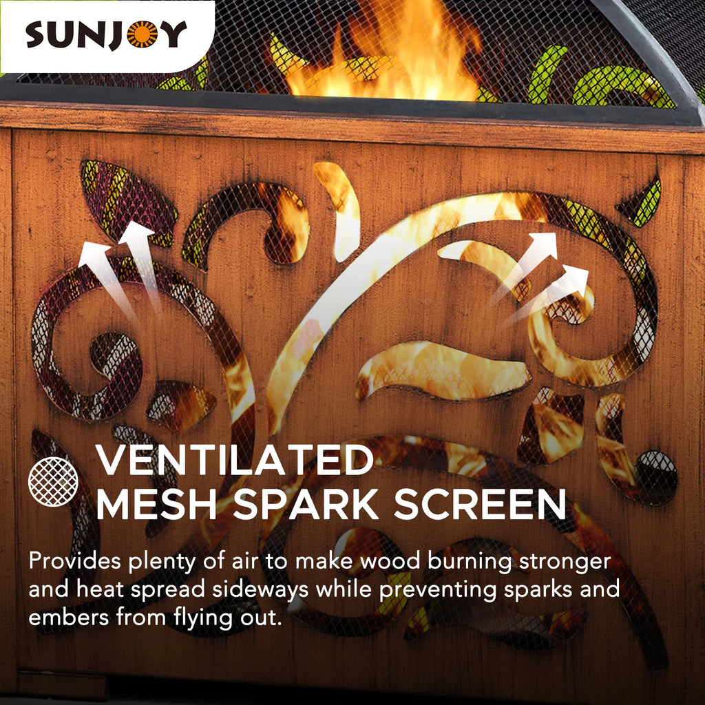 26 Inch Wood Burning Fire Pit with Steel Mesh Spark Screen and Fire Poker T18609