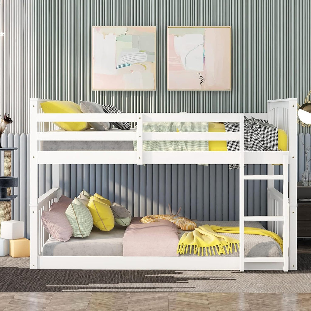 White Twin over Twin Low Bunk Bed Frame Wood J9320