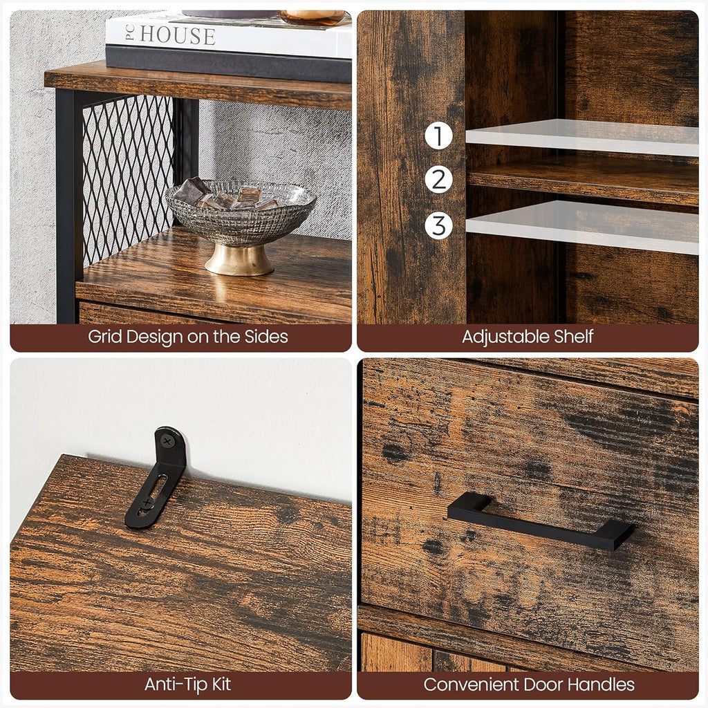 Rustic Brown and Black Freestanding Storage Cabinet with Doors and Shelves O6702