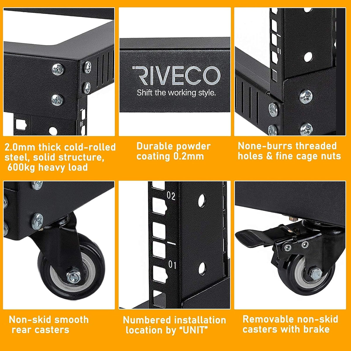 9U Open Frame Server Rack with Casters Black E25576