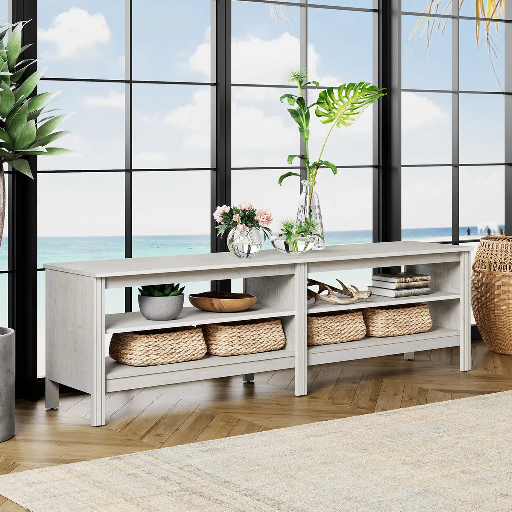 White 70 inch Wood TV Stand with 4 Cubby L21455