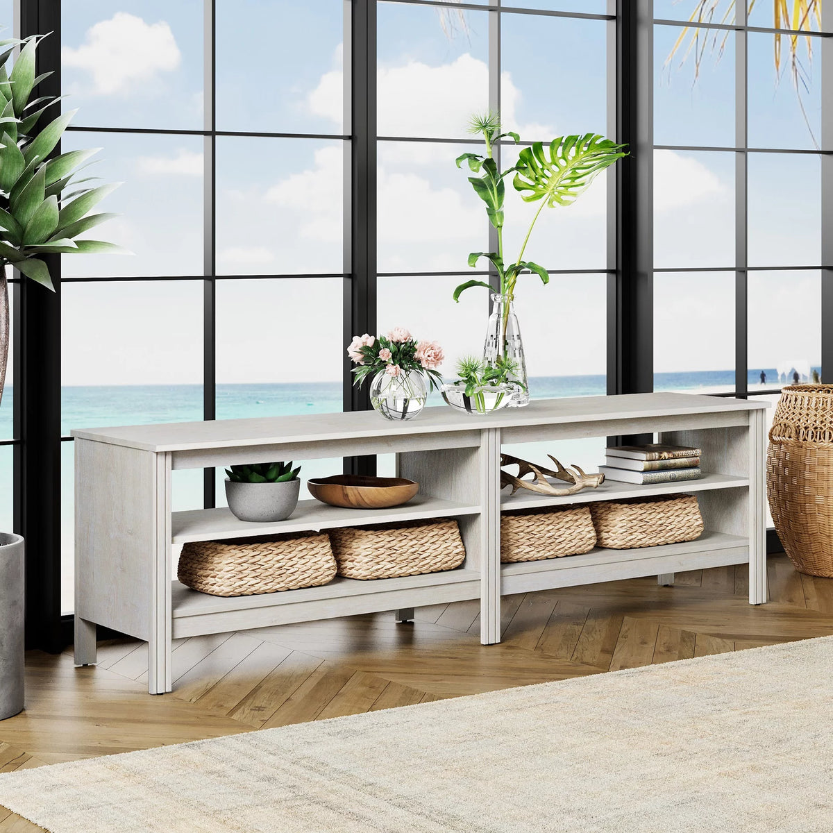 White 70 inch Wood TV Stand with 4 Cubby L21455