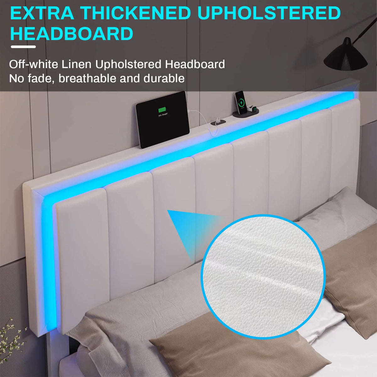 White Queen Upholstered Platform Bed Frame with Charging Station and LED Lights Y679