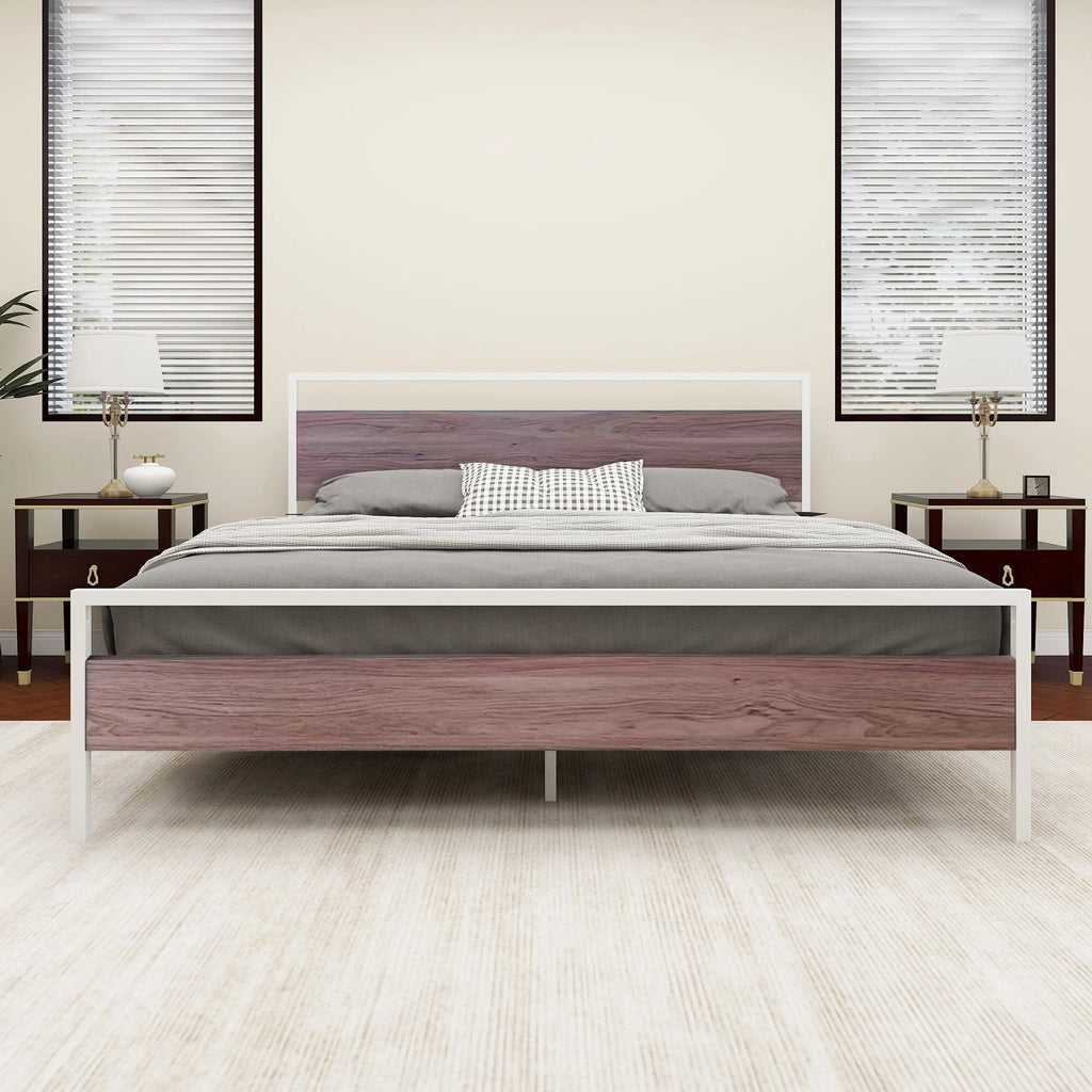 King Metal Platform Bed Frame with Wood Headboard and Footboard White J9427