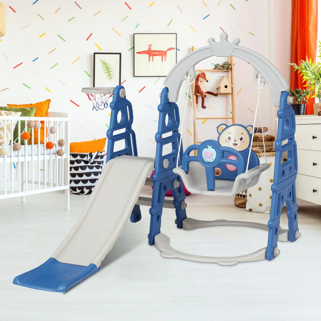 Blue Kids 5-in-1 Slides Climbing Swing Set I44001