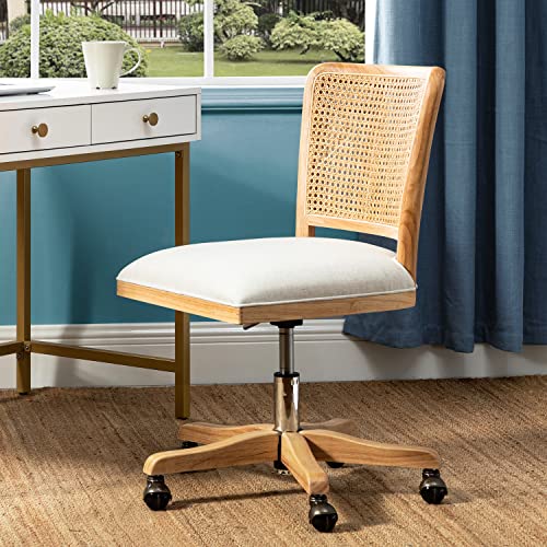 Upholstered Armless Swivel Desk Chair with Rattan Mid-Back A492