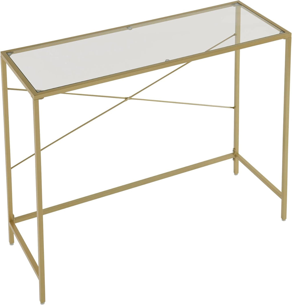 Gold 39.37" Tempered Glass Top Narrow Console Table with Metal Frame K6575