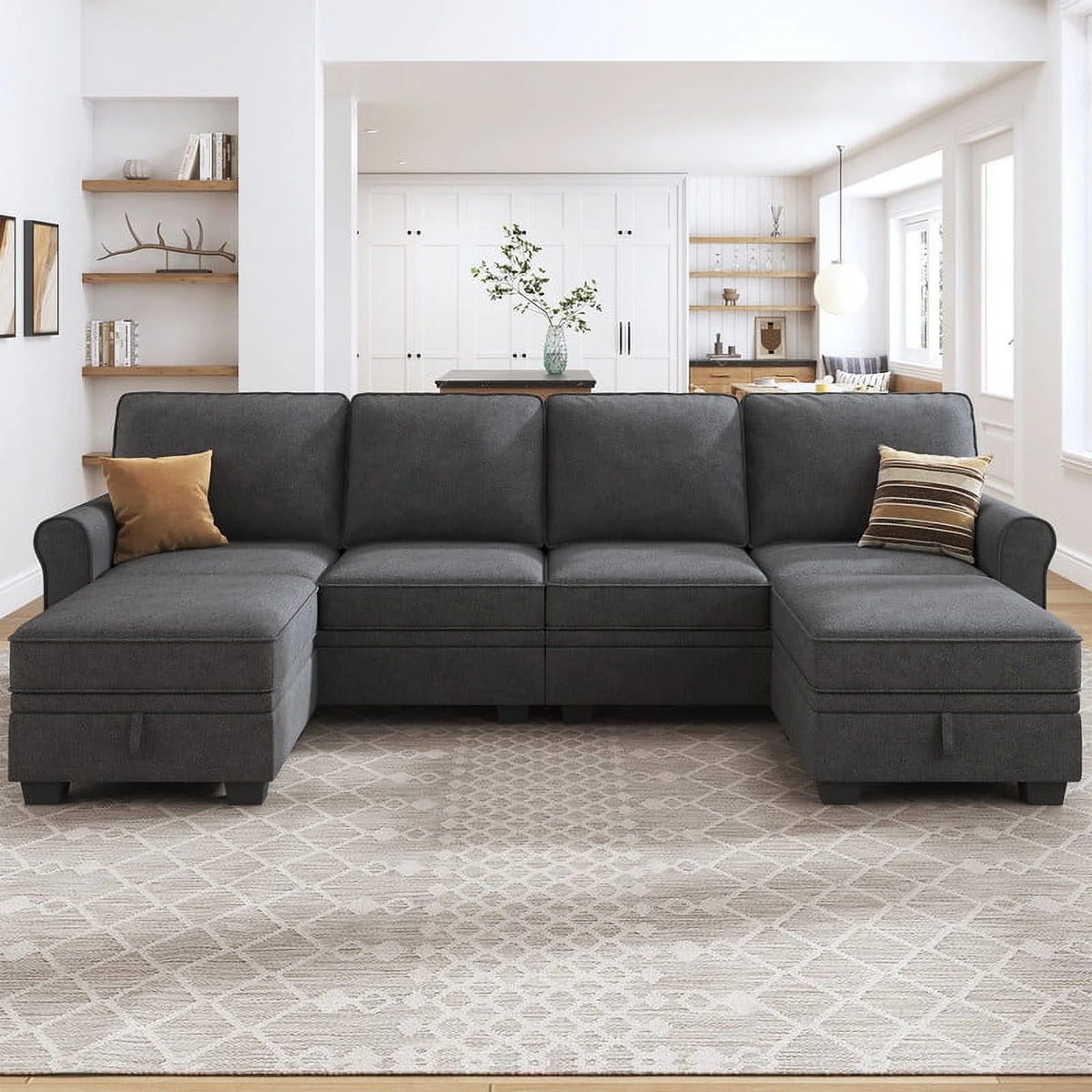 Dark Grey U-Shaped Sectional Sofa with Ottomans M711135