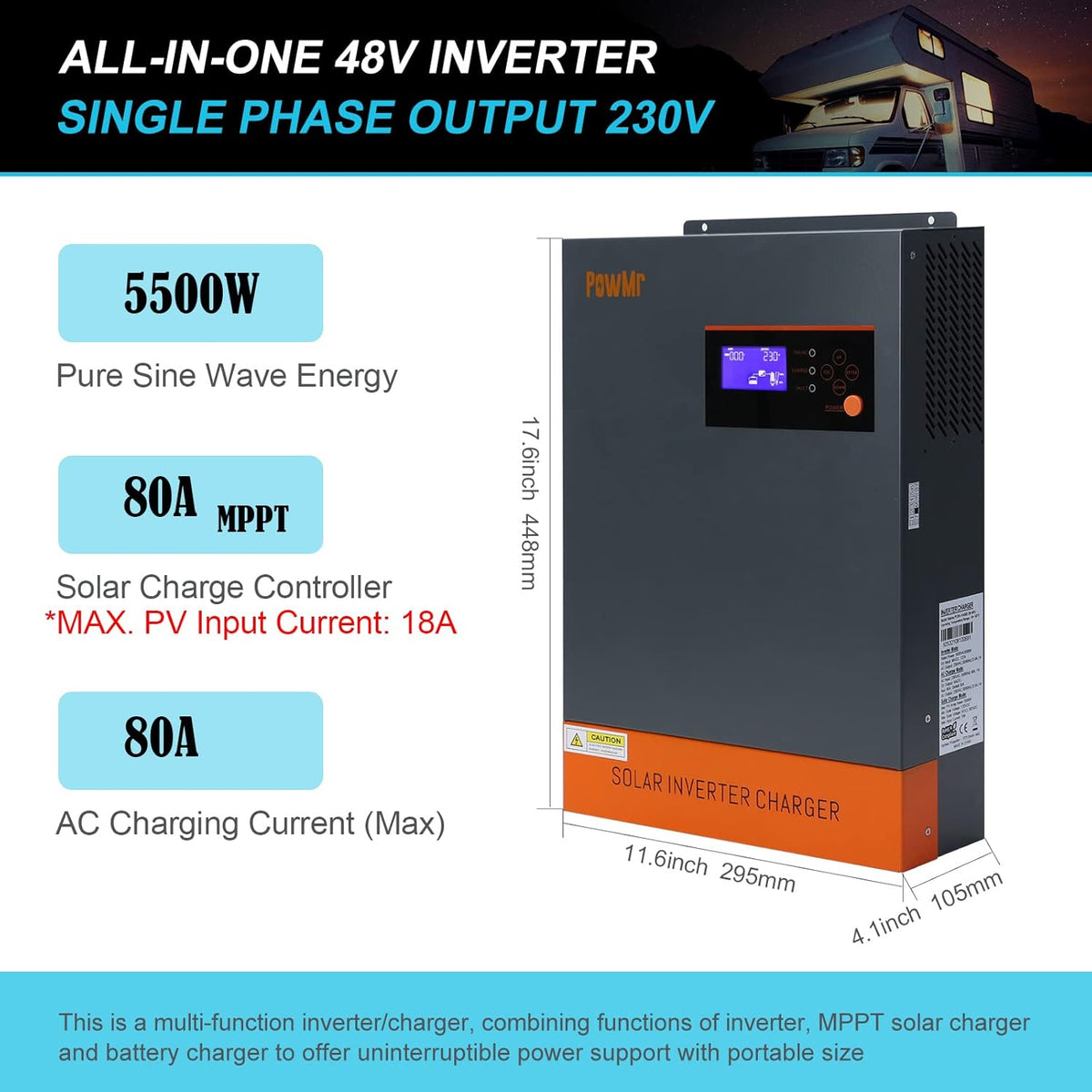 5500W Solar Hybrid Inverter with 80A MPPT Charge Controller 48V DC to 220/230V AC Pure Sine Wave Inverter L131