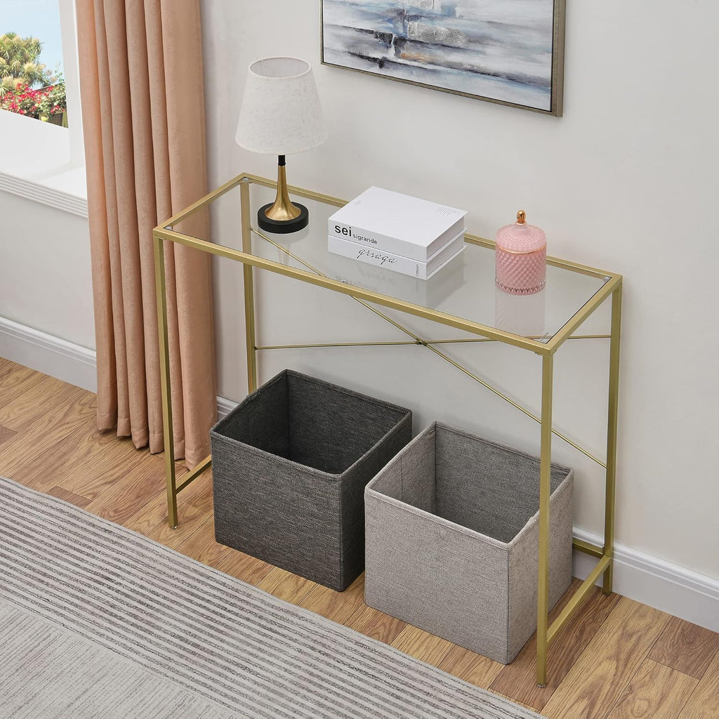 Gold 39.37" Tempered Glass Top Narrow Console Table with Metal Frame K6575
