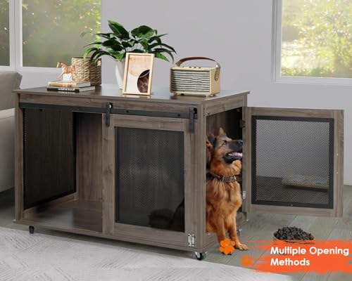 47 Inch Wooden Dog Crate Furniture with Sliding Doors and Wheels C85498