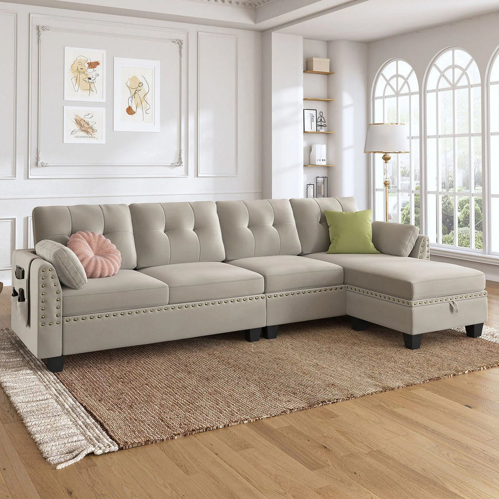 Black Velvet L Shaped Sectional Couch with Storage Ottoman U735420