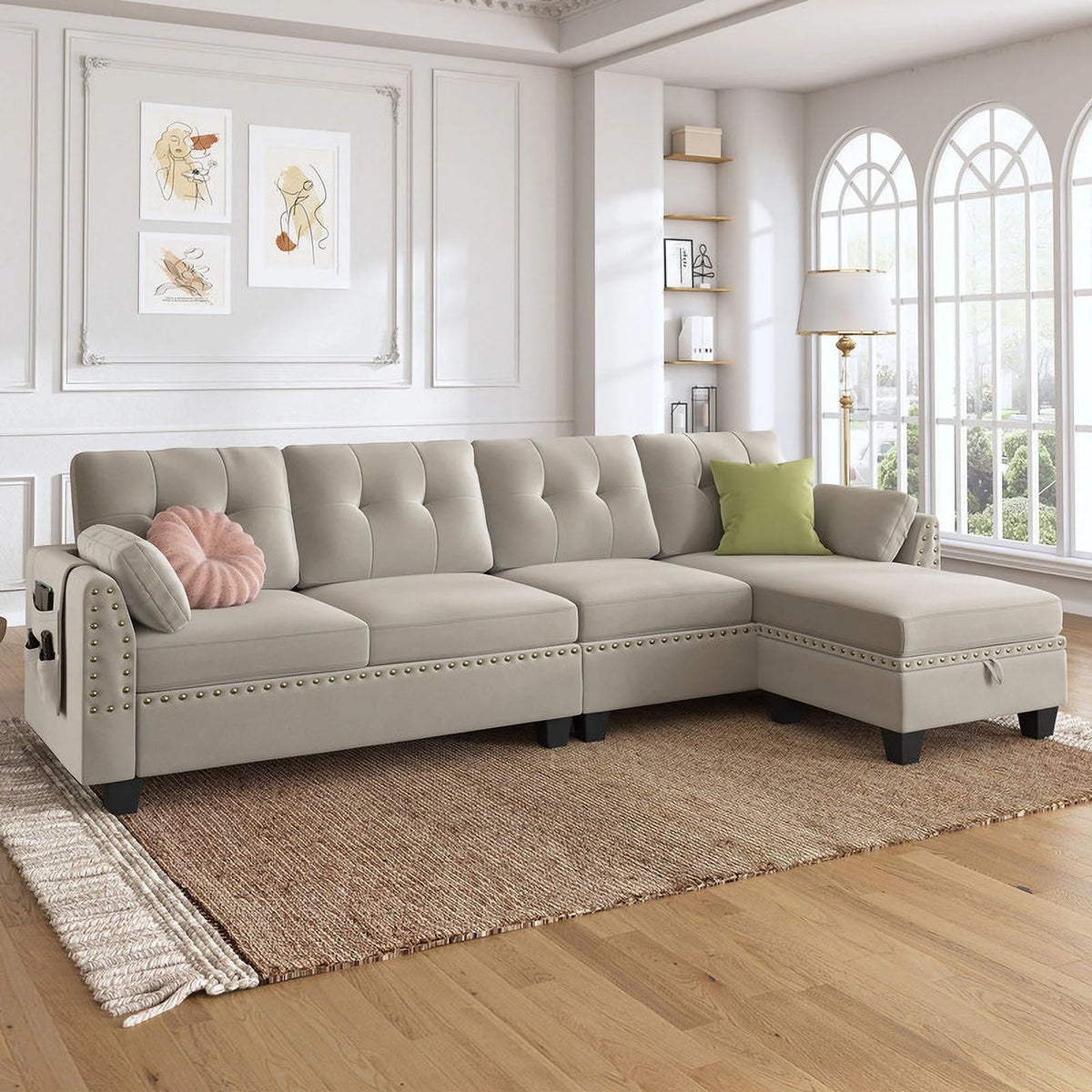 Black Velvet L Shaped Sectional Couch with Storage Ottoman U735420