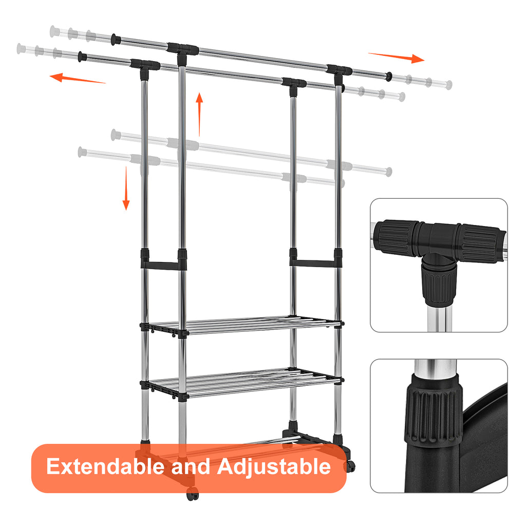 Adjustable Garment Rack with 2 Tier Metal Shelf, Rolling Clothes Organizer W908