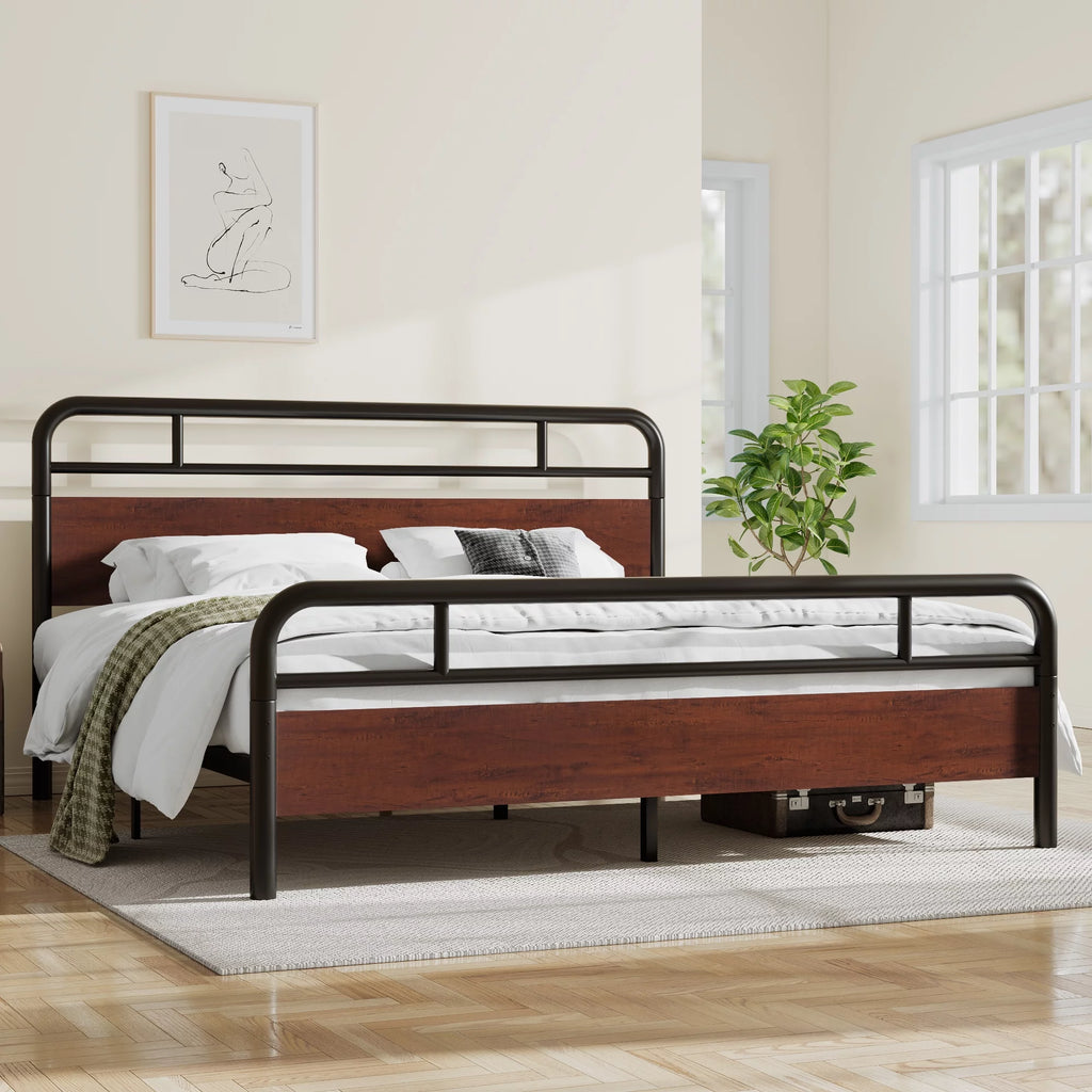 Dark Brown King Size Metal Platform Bed Frame with Wooden Headboard K927