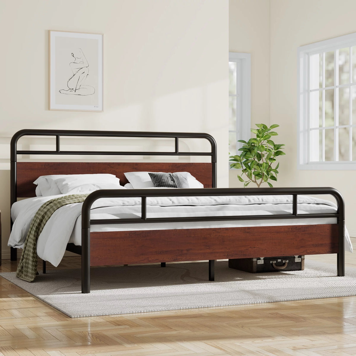 Dark Brown King Size Metal Platform Bed Frame with Wooden Headboard K927