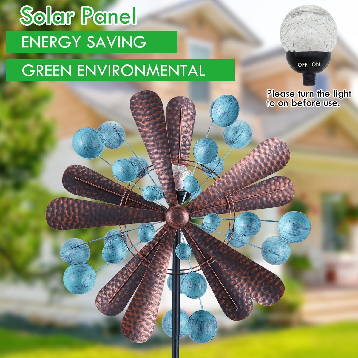 Blue&Brown 84 inch Solar-Powered Metal Wind Spinner K453