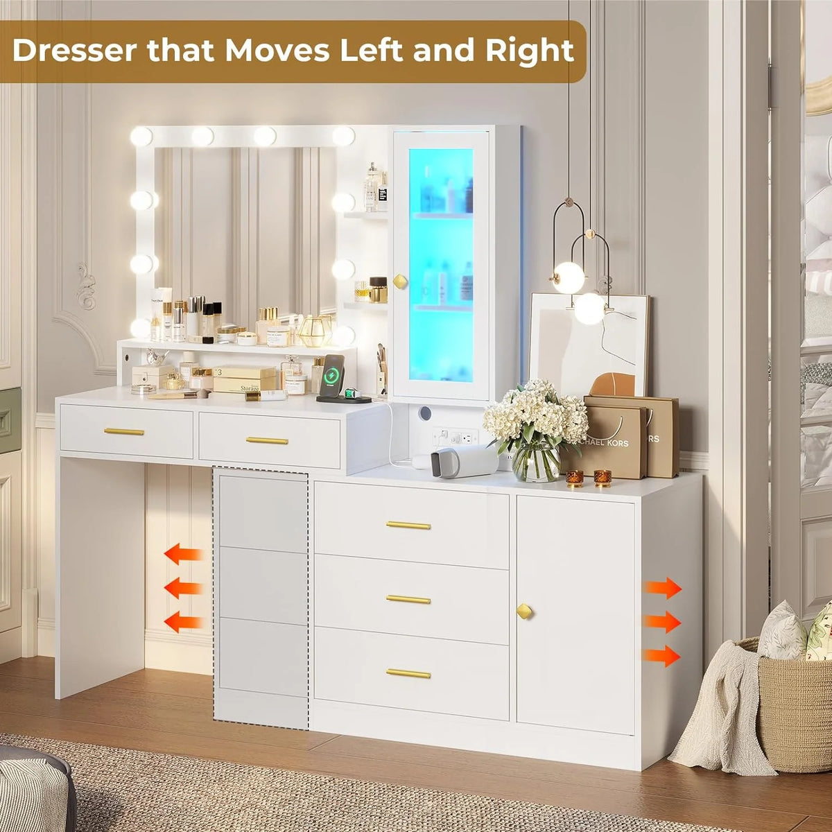 White Vanity with Mirror and Lights C26317