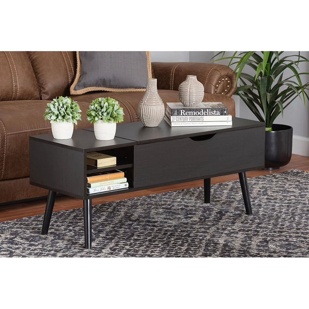 Black and Espresso Brown Wood Lift-Top Storage Coffee Table W667916