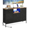Fabric Dresser with Power Outlets and LED Lights, 8 Drawers, Ink Black and Rustic Brown E9399