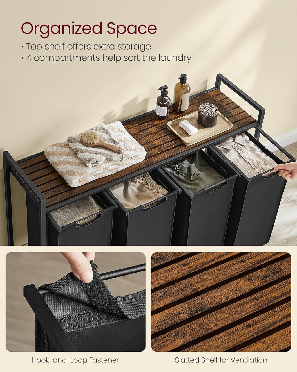 Rustic Brown and Black Laundry Hamper with 4 Removable Bags U4427
