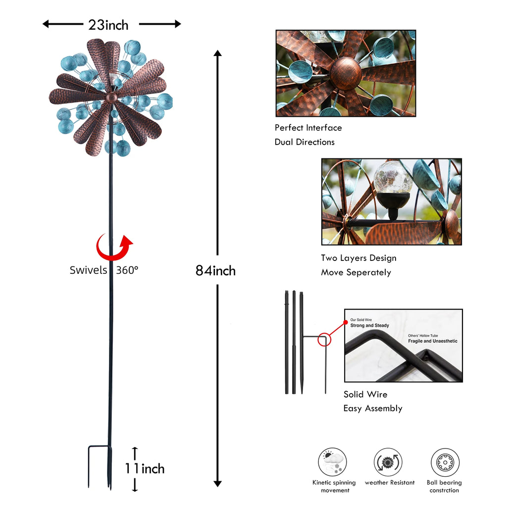 Blue&Brown 84 inch Solar-Powered Metal Wind Spinner K453