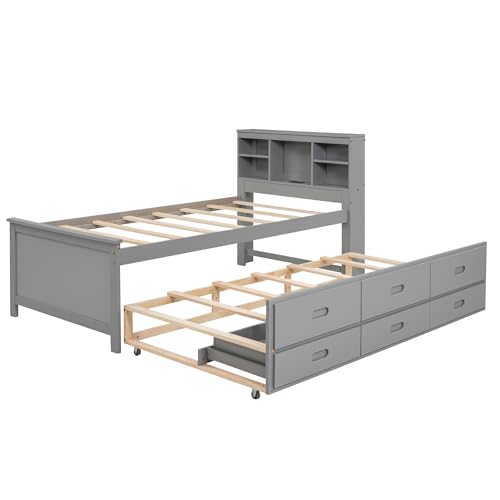 Gray Full Size Bookcase Bed with Trundle and Storage Drawers J5899