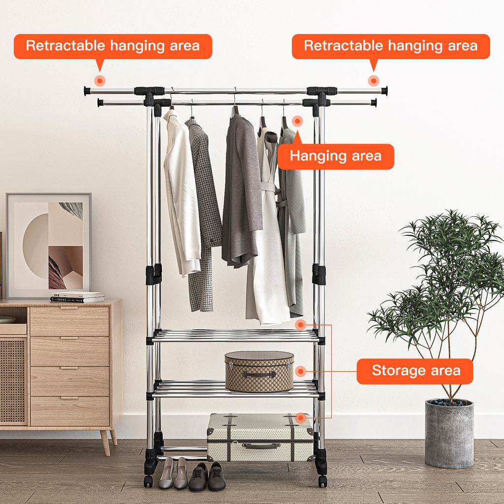Adjustable Garment Rack with 2 Tier Metal Shelf, Rolling Clothes Organizer W908
