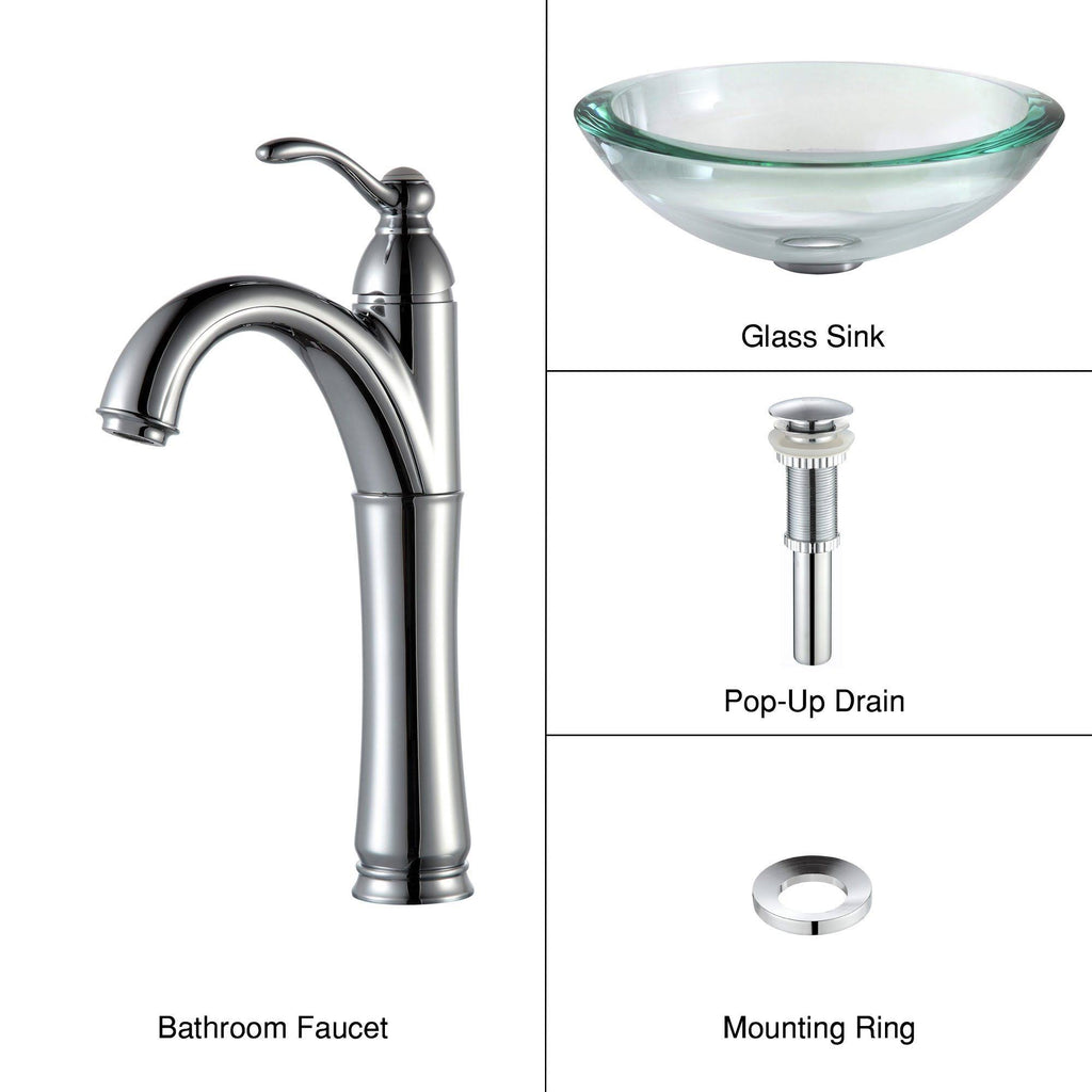 Glass Circular Vessel Bathroom Sink with Faucet, Satin Nickel E50329