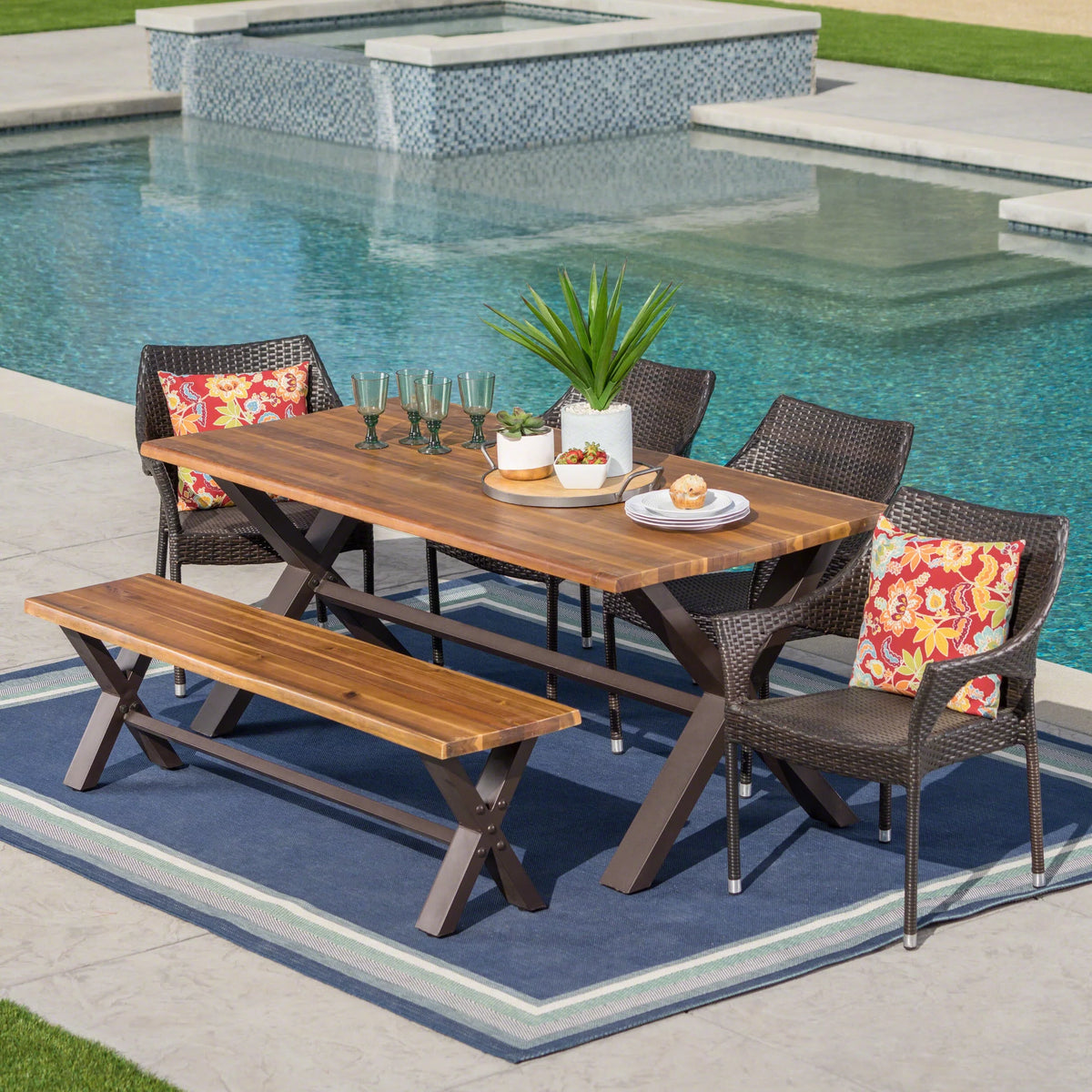 6-Piece Wicker Wood Outdoor Dining Set L972