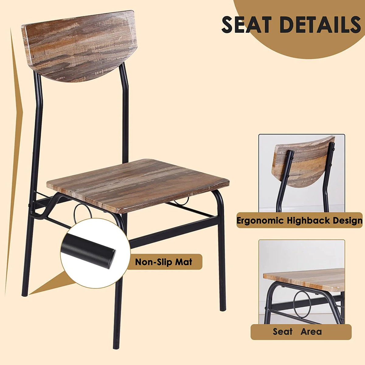 5 Piece Dining Table Set with 4 Chairs and Storage Rack, Wooden Top and Metal Legs, Rustic Brown L44450