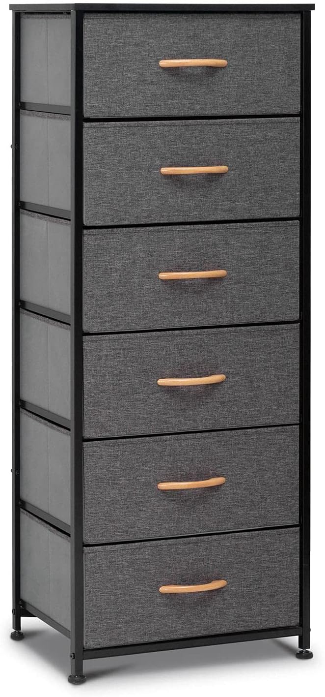 Gray Fabric 6 Drawers Vertical Storage Tower with Metal Frame and Wooden Top F892378