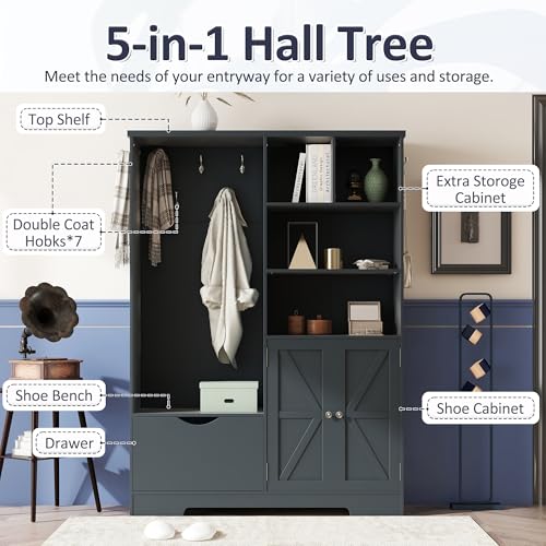 Antique Blue Hall Tree with Bench and Shoe Storage I1102