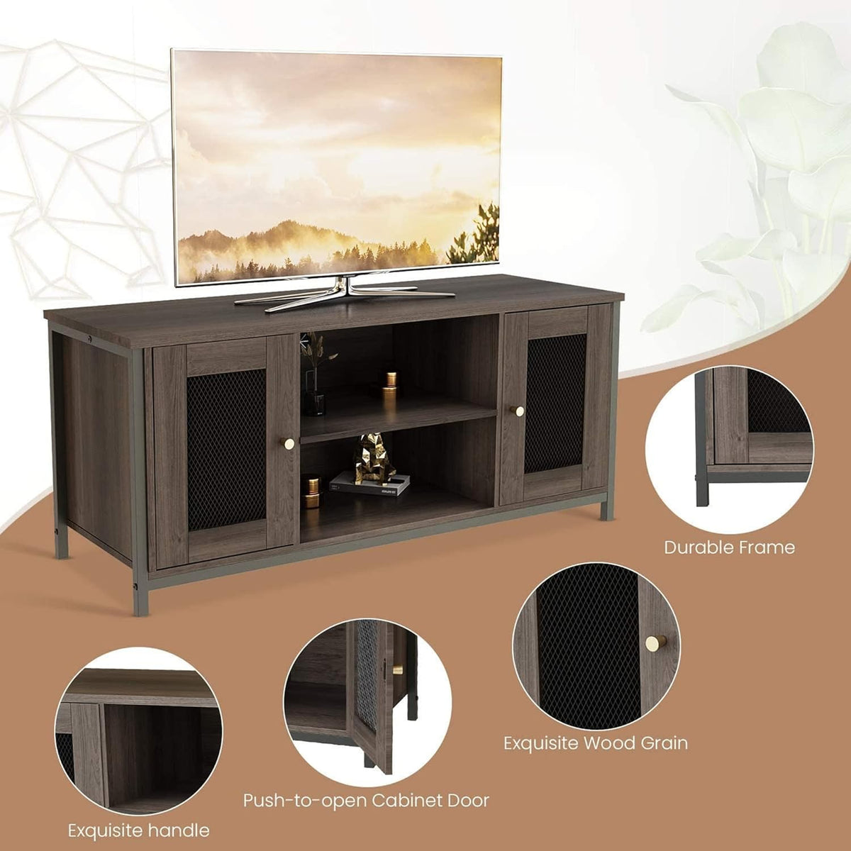 Brown Walnut Entertainment Center Stand with Storage Y2166