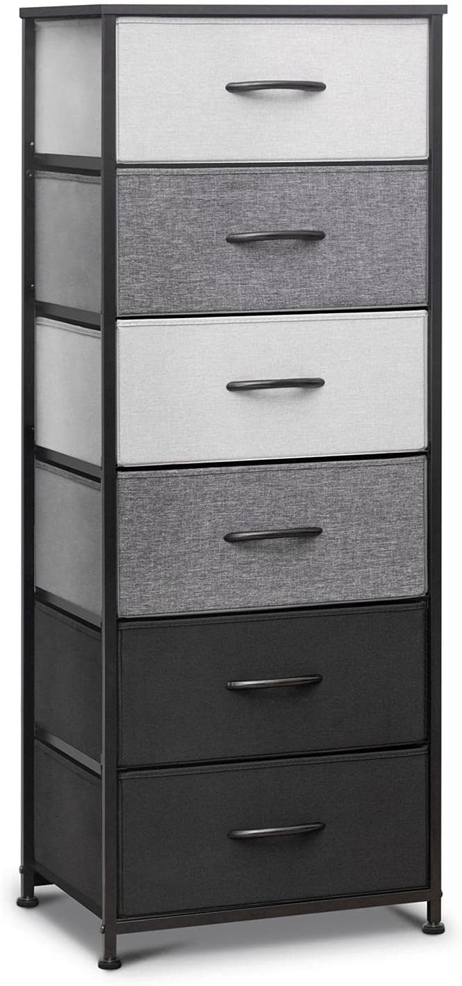 Gray Fabric 6 Drawers Vertical Storage Tower with Metal Frame and Wooden Top F892378