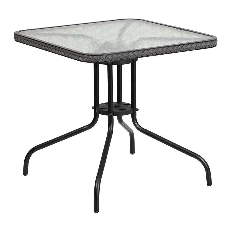 28'' Square Glass Metal Table with 2 Gray Rattan Stack Chairs X81433