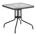 28'' Square Glass Metal Table with 2 Gray Rattan Stack Chairs X81433