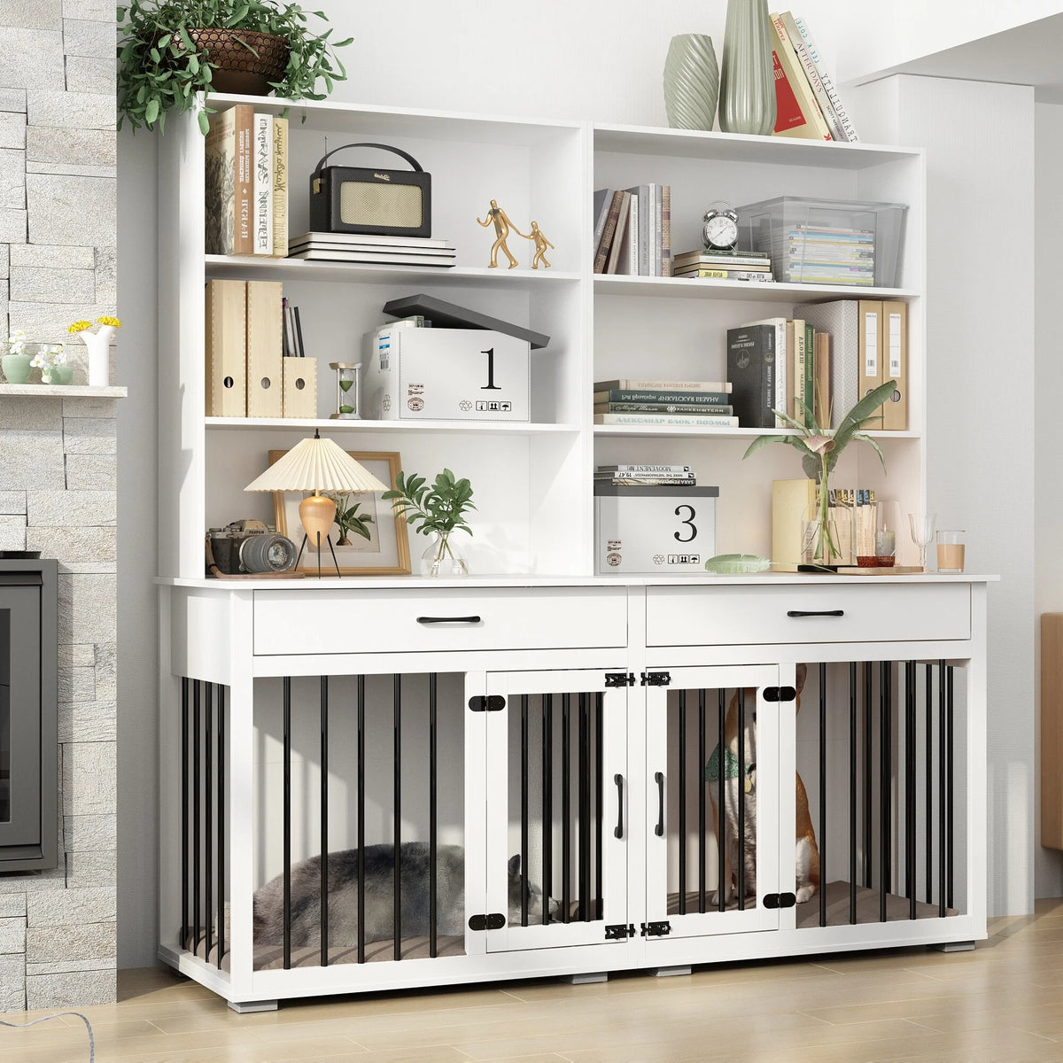 White Home Office Desk with Built-In Dog Crate Y469