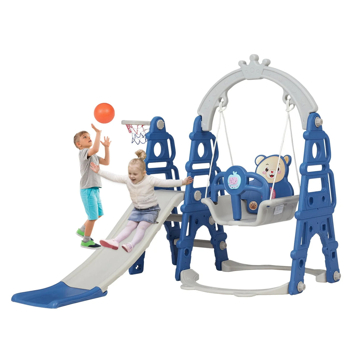 Blue Kids 5-in-1 Slides Climbing Swing Set I44001