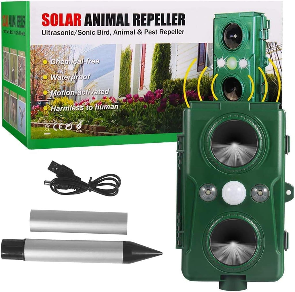 Ultrasonic Solar Animal Deterrent with Motion Sensor and Flashing Lights T443