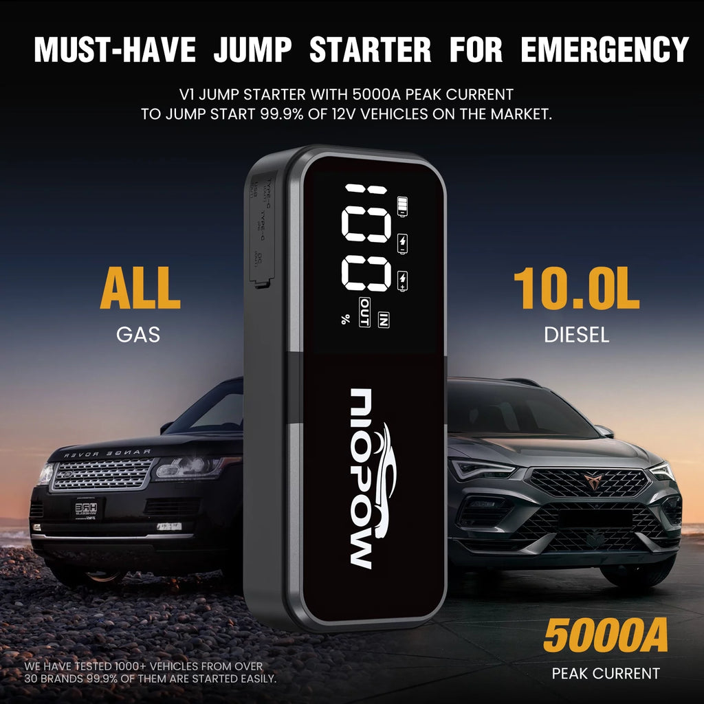 5000A 12V Portable Lithium Jump Starter with 3.3 Display and LED Light W327