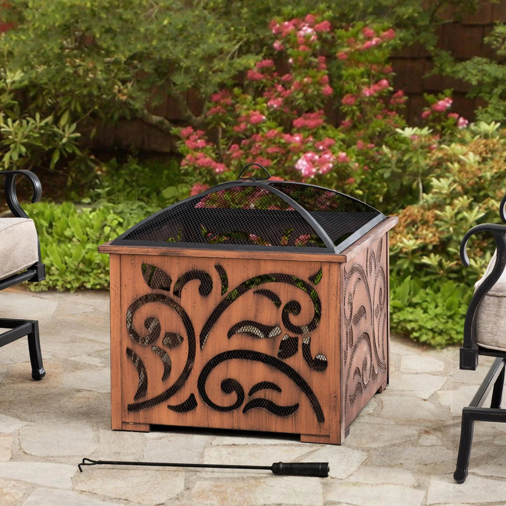 26 Inch Wood Burning Fire Pit with Steel Mesh Spark Screen and Fire Poker T18609