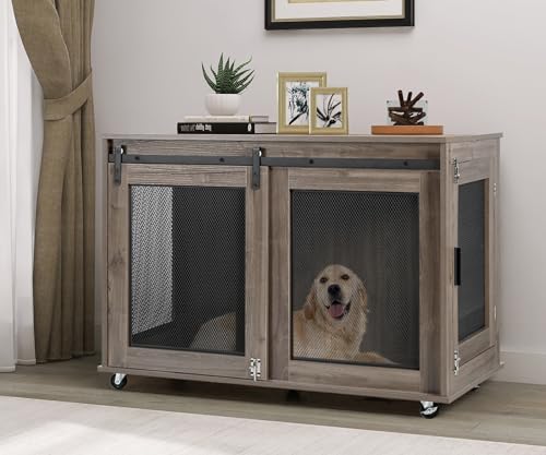 47 Inch Wooden Dog Crate Furniture with Sliding Doors and Wheels C85498